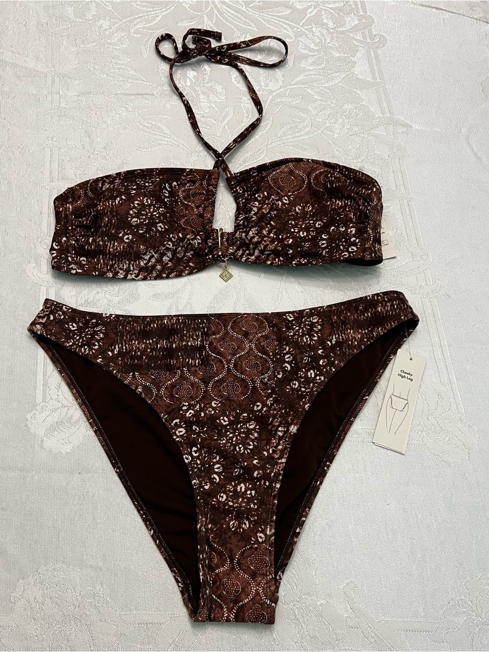 Boho Brown Large 12-14 Printed Bandeau Bikini Set Gold Charm NWT